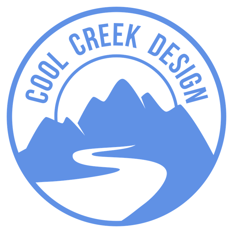 Cool Creek Design circular logo. Our company name arched circle over mountains + stream
